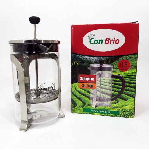 Френч-прес Con Brio CB-5580 0.8 л, Стильний скляний чайник для заварювання, Заварний скляний чайник