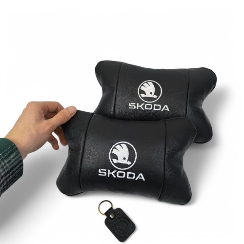 Автомобільні подушки 2 шт на підголівник Skoda / Шкода, з натуральної шкіри, стильний аксесуар для вашого авто