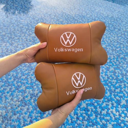 Набір подушок 2шт для автомобіля Volkswagen, з натуральної коричневої шкіри. Подушки на підголовник