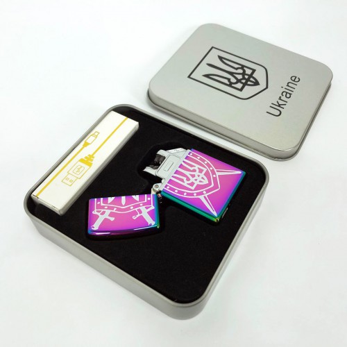 Дугова електроімпульсна запальничка USB Україна металева коробка HL-446. Колір: хамелеон