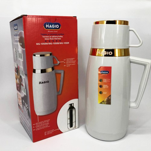 Термос Magio MG-1050W зі скляною колбою, Хороший невеликий термос для питної води. Колір: білий