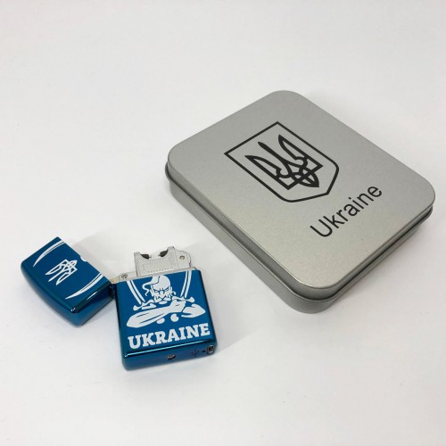 Дугова електроімпульсна запальничка USB Україна (металева коробка) HL-449. Колір: синій