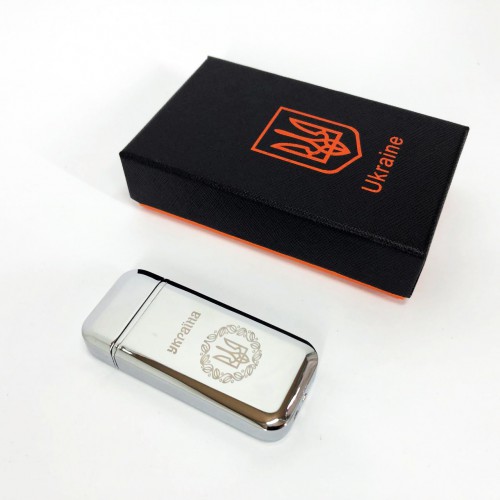 Дугова електроімпульсна запальничка USB Герб України індикатор заряду, ліхтарик HL-442. Колір: срібло