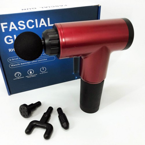 Акумуляторний масажер Fascial Gun KH-320 портативний ручний ударний м'язовий пістолет 4 насадки червоний