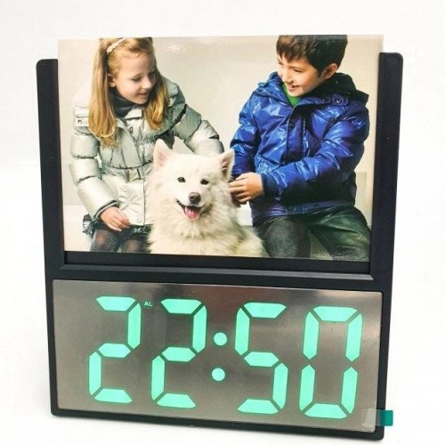 Електронний дротовий настільний цифровий годинник DS-6608 з фоторамкою, зелене підсвічування. Колір: білий